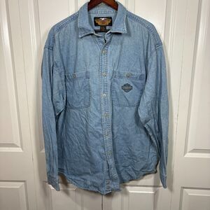Harley Davidson Men’s 2XL Denim Button Up Shirt Long Sleeve Biker Logo